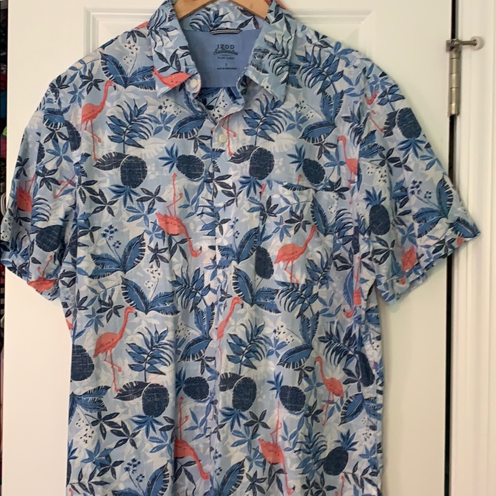 IZOD Saltwater Flamingo Hawaiian Shirt Size Large